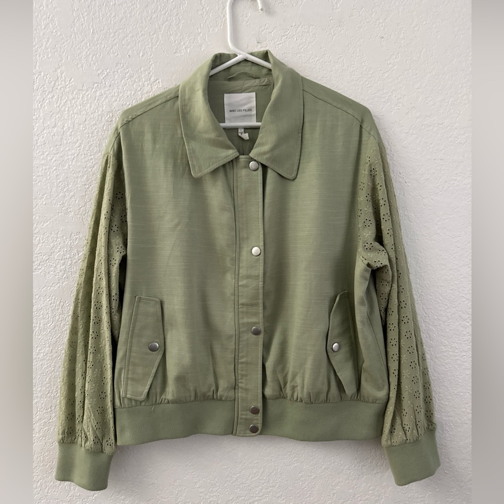 Avec Les Filles Bomber Jacket Eyelet Sleeve Sea Glass Green Large
